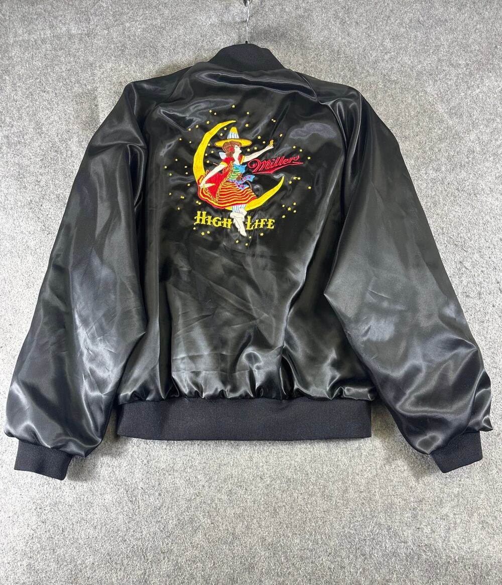 VINTAGE 80s Miller High Life Bomber Jacket Men Medium Black Satin USA Streetwear